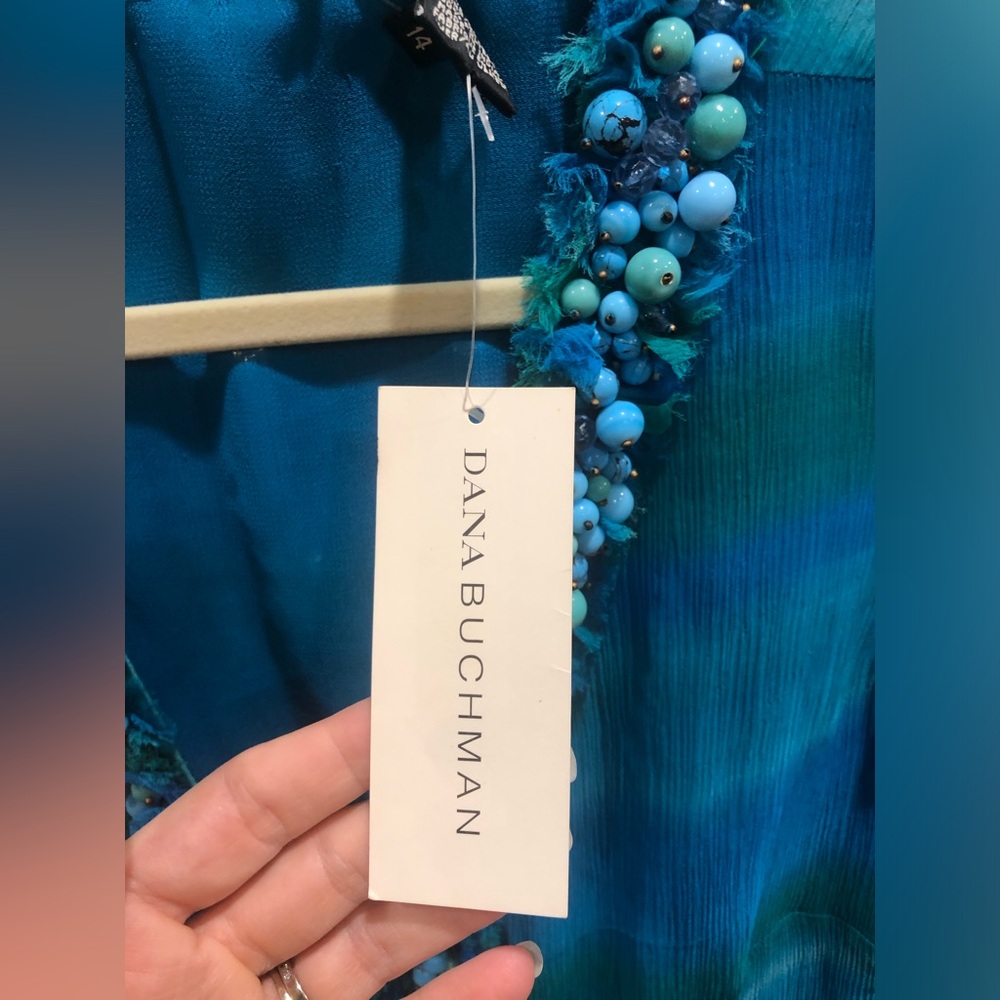 2/$30 NWT Dana Buchman Sheer Beaded Chiffon Tunic Top Sz 14 Blue Teal - Picture 5 of 16